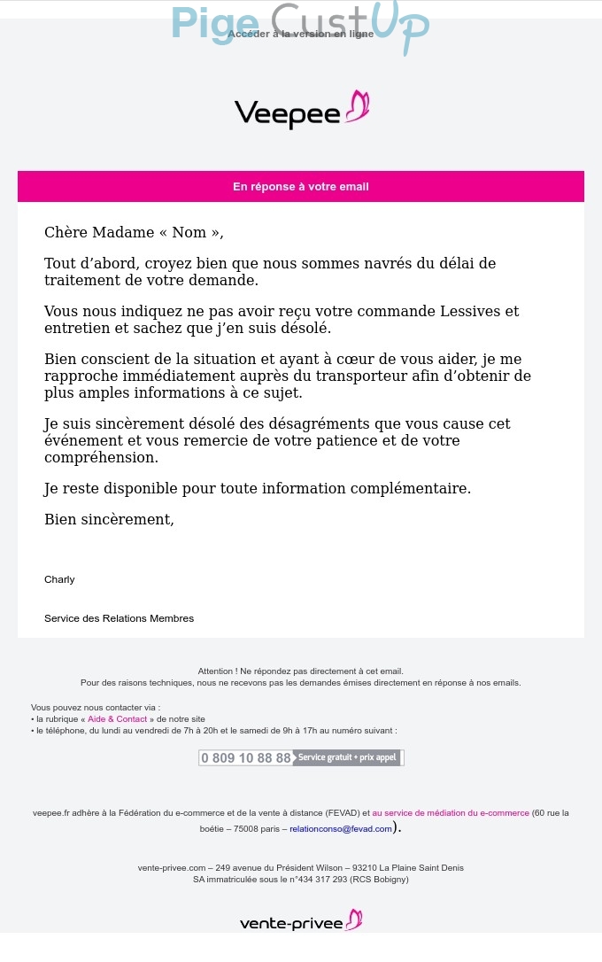 Exemple de Type de media  e-mailing - Veepee - Service Clients - Suivi de demande