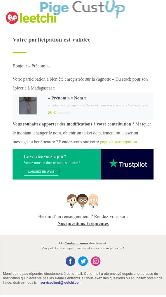 Exemple de Type de media  e-mailing - Leetchi - Transactionnels - Confirmation de paiement - Enquêtes Clients - Consultation client