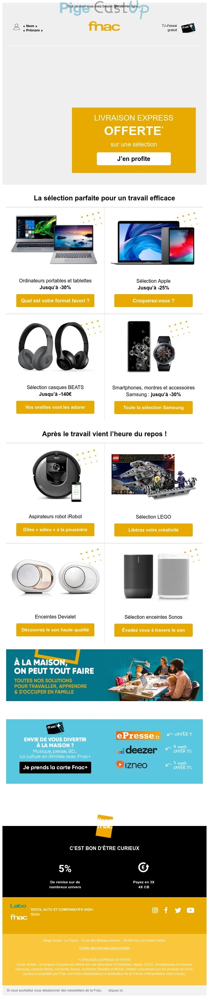 Exemple de Type de media  e-mailing - Fnac - Marketing marque - Communication Produits - Nouveaux produits - Communication Services - Nouveaux Services - Marketing fidélisation - Incitation au réachat - Marketing Acquisition - Ventes flash, soldes, demarque, promo, réduction