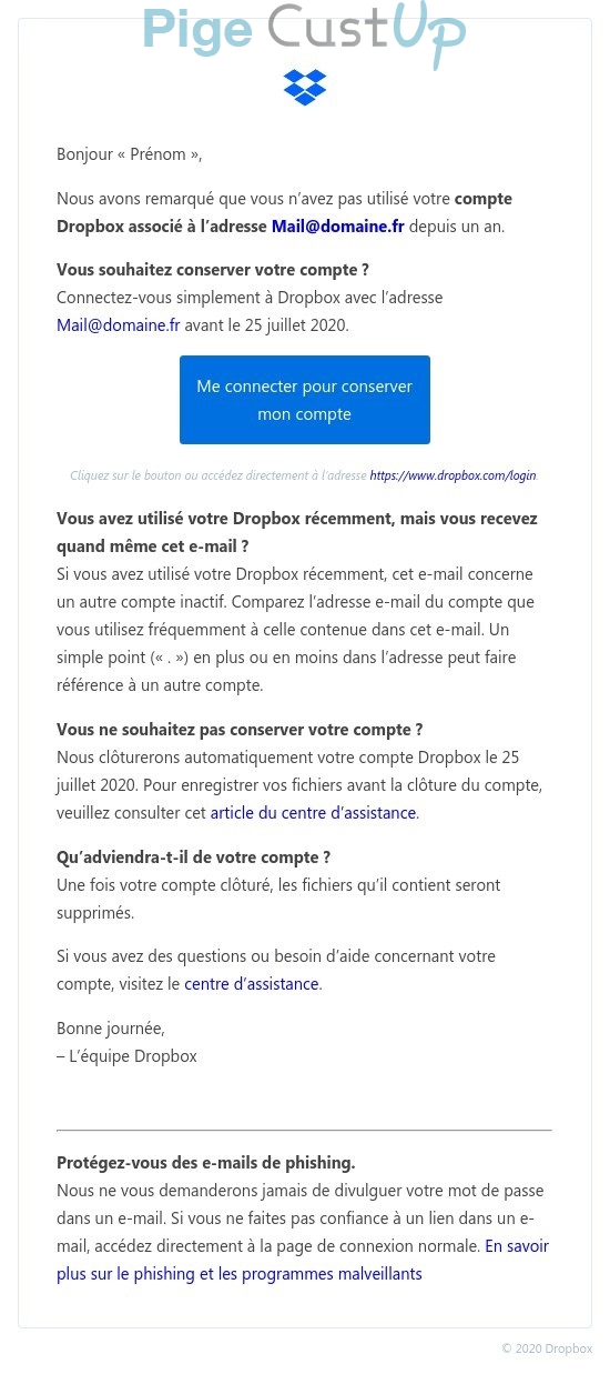 Exemple de Type de media  e-mailing - Dropbox - Marketing relationnel - Alerting - Marketing Acquisition - Relance inactifs