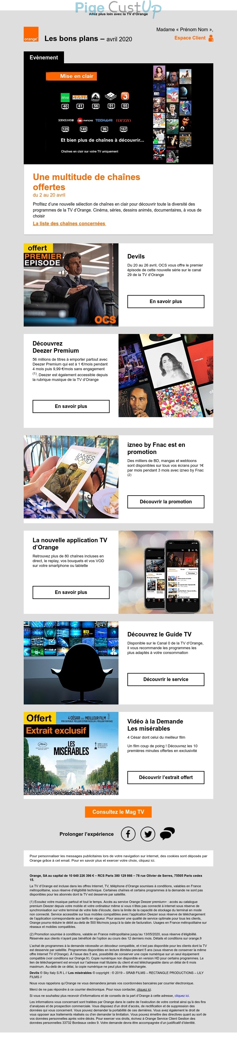 Exemple de Type de media  e-mailing - Orange - Marketing marque - Communication Produits - Nouveaux produits - Communication Services - Nouveaux Services