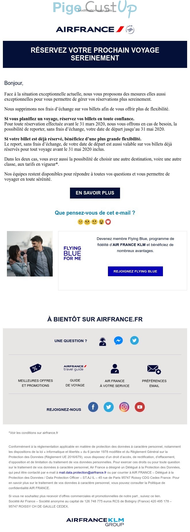 Exemple de Type de media  e-mailing - Air France - Marketing Acquisition - Acquisition abonnements - Marketing marque - Communication Produits - Nouveaux produits - Communication Services - Nouveaux Services - Enquêtes Clients - NPS / Avis clients - Marketing fidélisation - Incitation au réachat