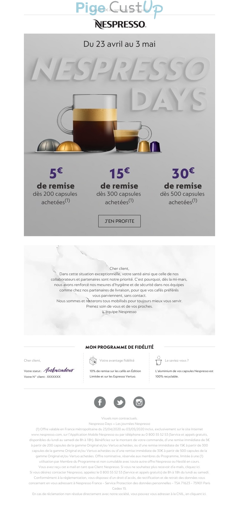 Exemple de Type de media  e-mailing - Nespresso - Marketing Acquisition - Ventes flash, soldes, demarque, promo, réduction - Marketing fidélisation - Points et statut