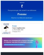 e-mailing - Marketing relationnel - Alerting - Marketing marque - Communication Produits - Nouveaux produits - Marketing fidélisation - Incitation au réachat - Ticketmaster - 04/2020