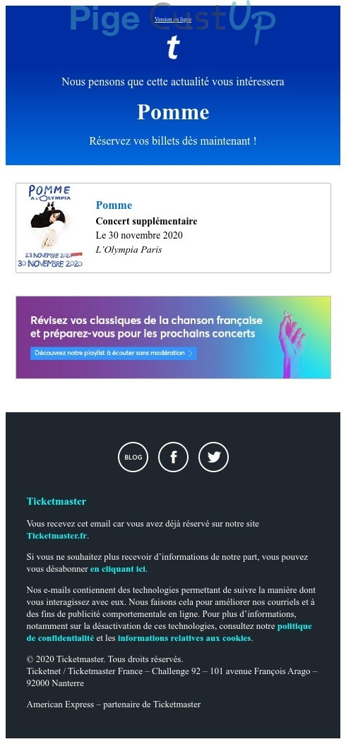 Exemple de Type de media  e-mailing - Ticketmaster - Marketing relationnel - Alerting - Marketing marque - Communication Produits - Nouveaux produits - Marketing fidélisation - Incitation au réachat