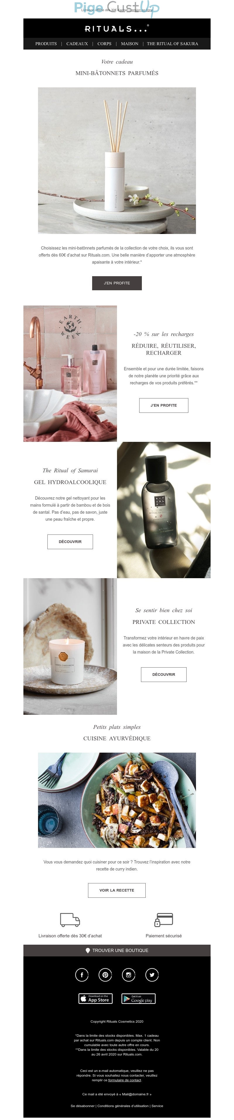 Exemple de Type de media  e-mailing - Rituals Cosmetics - Marketing marque - Communication Produits - Nouveaux produits - Marketing Acquisition - Gratuit - Cadeau - Ventes flash, soldes, demarque, promo, réduction