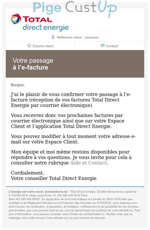 Exemple de Type de media  e-mailing - Total Direct Energie - Transactionnels - Confirmation Mise à disposition du service