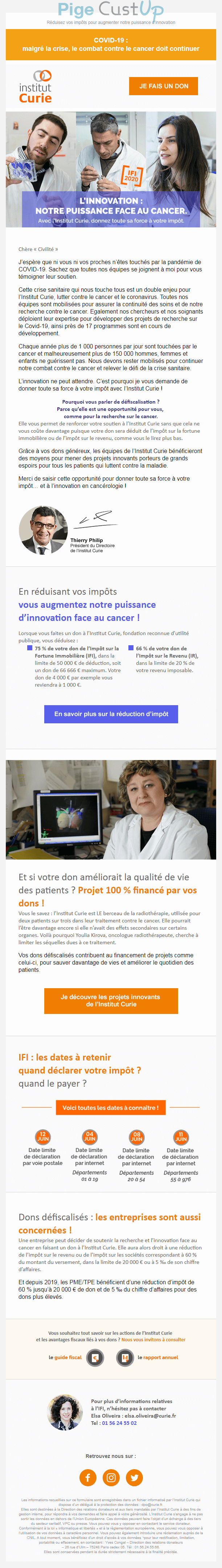 Exemple de Type de media  e-mailing - Institut Curie - Marketing Acquisition - Collecte de dons - Marketing marque - Institutionnel
