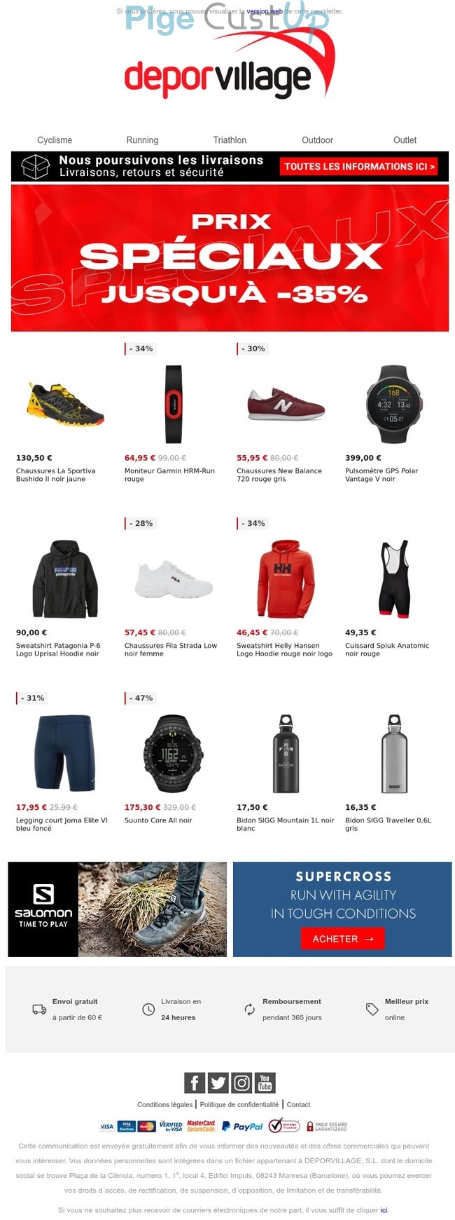 Exemple de Type de media  e-mailing - Deporvillage - Marketing marque - Communication Produits - Nouveaux produits - Marketing fidélisation - Incitation au réachat - Marketing Acquisition - Ventes flash, soldes, demarque, promo, réduction