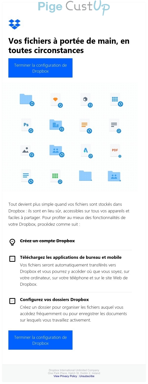 Exemple de Type de media  e-mailing - Dropbox - Marketing fidélisation - Accompagnement usage produit ou service - Marketing relationnel - Alerting - Marketing marque - Communication Produits - Nouveaux produits