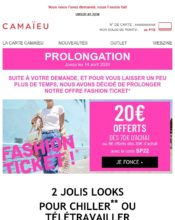 e-mailing - Marketing marque - Communication Produits - Nouveaux produits - Institutionnel - Marketing fidélisation - Incitation au réachat - Points et statut - Marketing Acquisition - Ventes flash, soldes, demarque, promo, réduction - Camaïeu - 04/2020