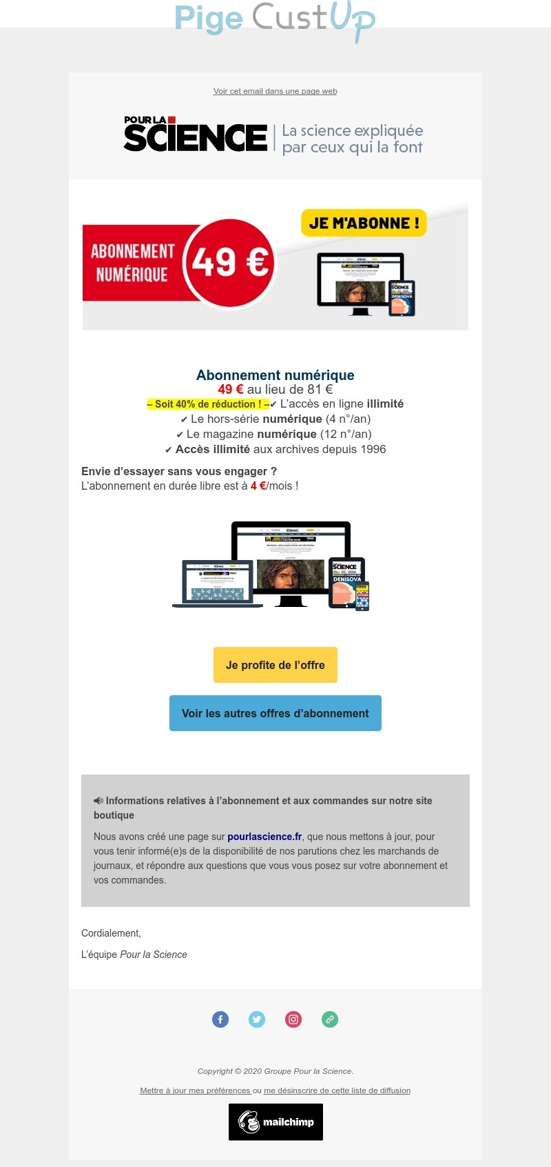 Exemple de Type de media  e-mailing - Pour la Science - Marketing Acquisition - Acquisition abonnements - Ventes flash, soldes, demarque, promo, réduction - Marketing marque - Communication Produits - Nouveaux produits - Communication Services - Nouveaux Services