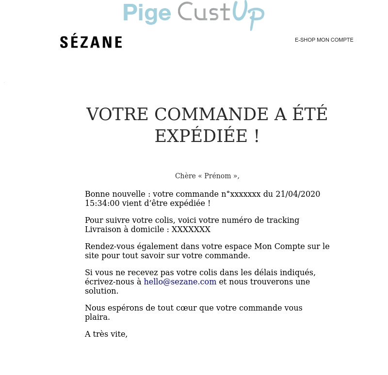 Exemple de Type de media  e-mailing - Sézane - Transactionnels - Suivi de commande Expédition / Livraison