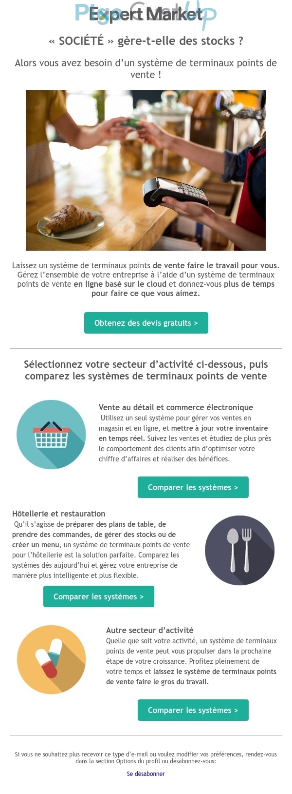 Exemple de Type de media  e-mailing - ExpertMarket - Marketing marque - Communication Produits - Nouveaux produits - Communication Services - Nouveaux Services - Marketing fidélisation - Incitation au réachat