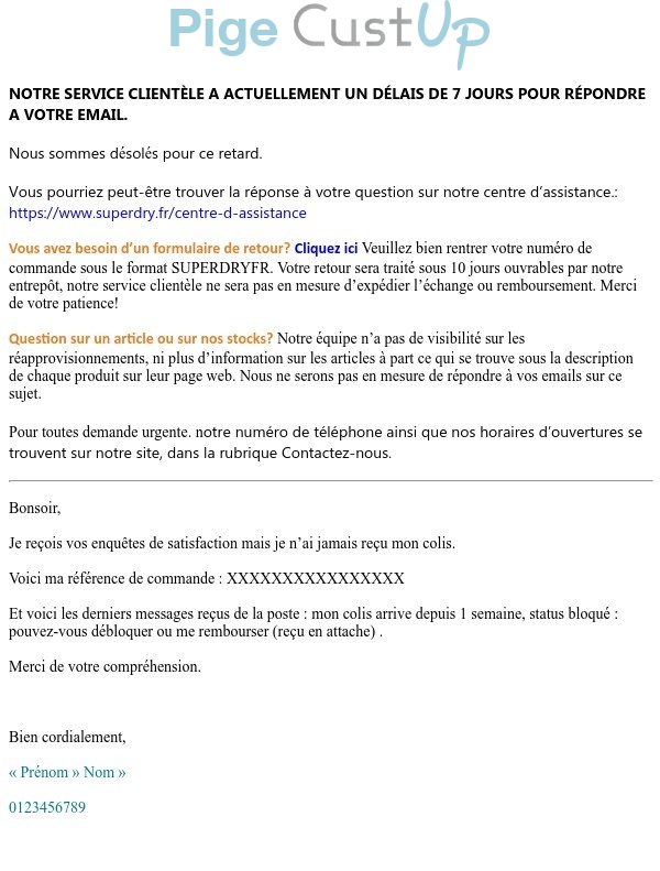 Exemple de Type de media  e-mailing - Superdry - Service Clients - Suivi de demande