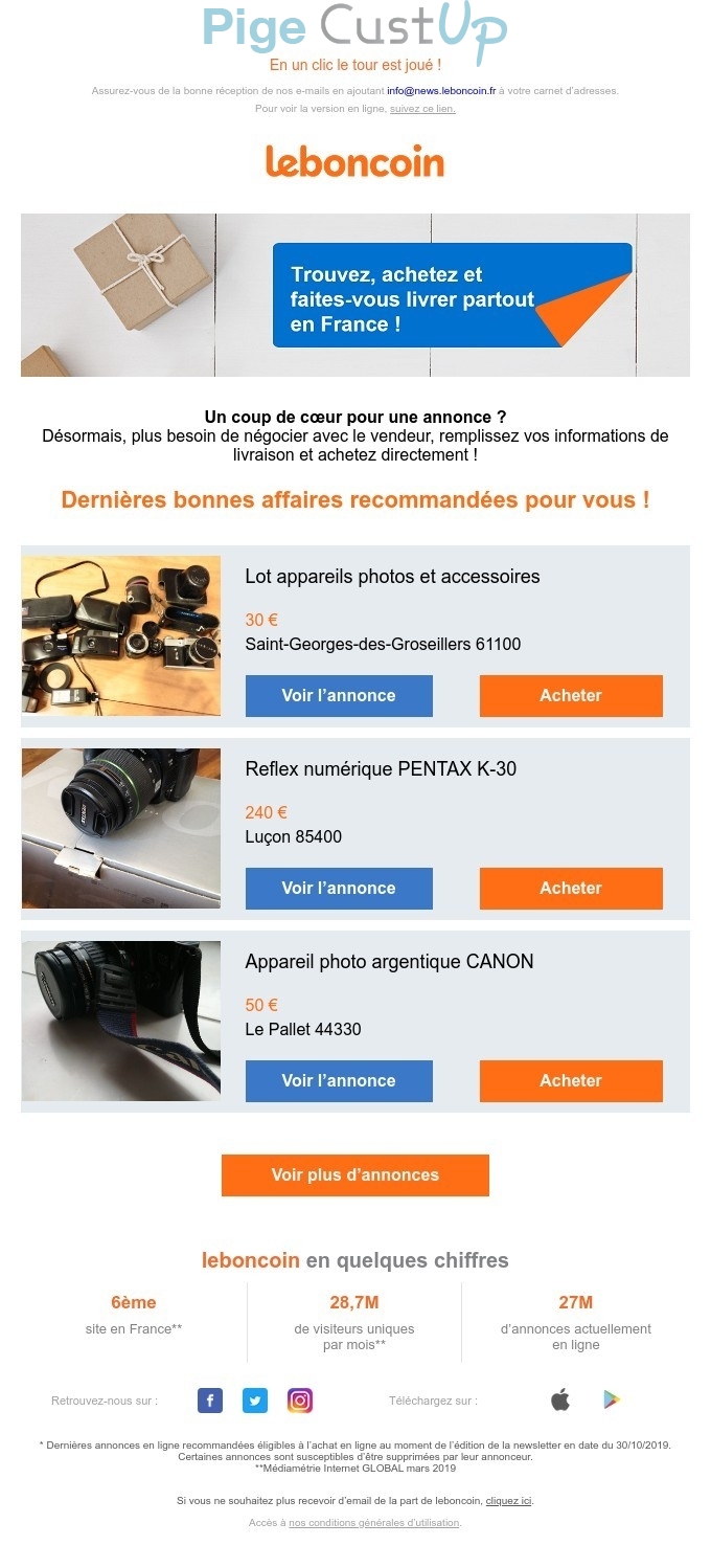 Exemple de Type de media  e-mailing - Leboncoin - Marketing Acquisition - Acquisition sans promotion - Marketing relationnel - Alerting - Marketing marque - Communication Produits - Nouveaux produits - Marketing fidélisation - Incitation au réachat