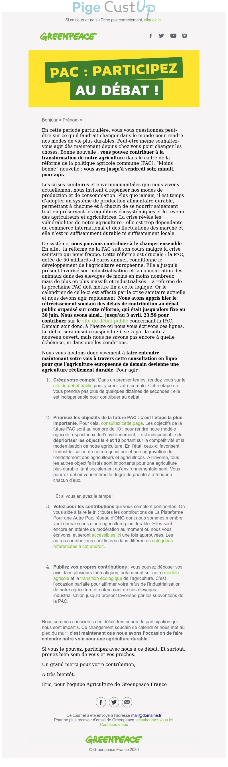 Exemple de Type de media  e-mailing - Greenpeace - Collecte de données - Acquisition de leads - Marketing marque - Appel à contribution - Communication Produits - Nouveaux produits - Communication Services - Nouveaux Services - Nom de marque