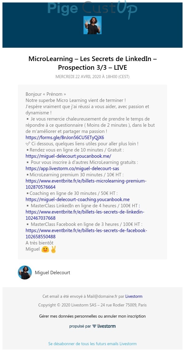 Exemple de Type de media  e-mailing - Live Storm Events - Enquêtes Clients - Consultation client