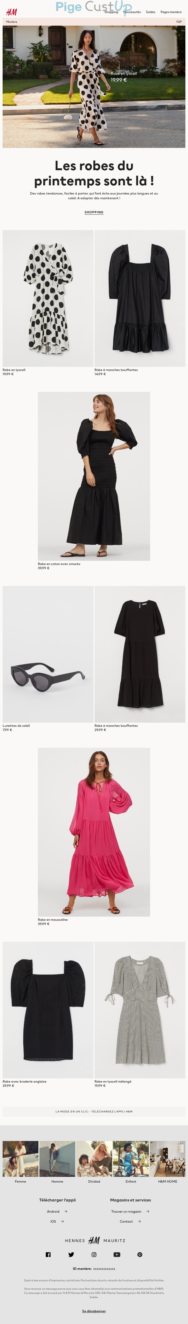 Exemple de Type de media  e-mailing - H&M - Marketing marque - Communication Produits - Nouveaux produits - Marketing fidélisation - Incitation au réachat