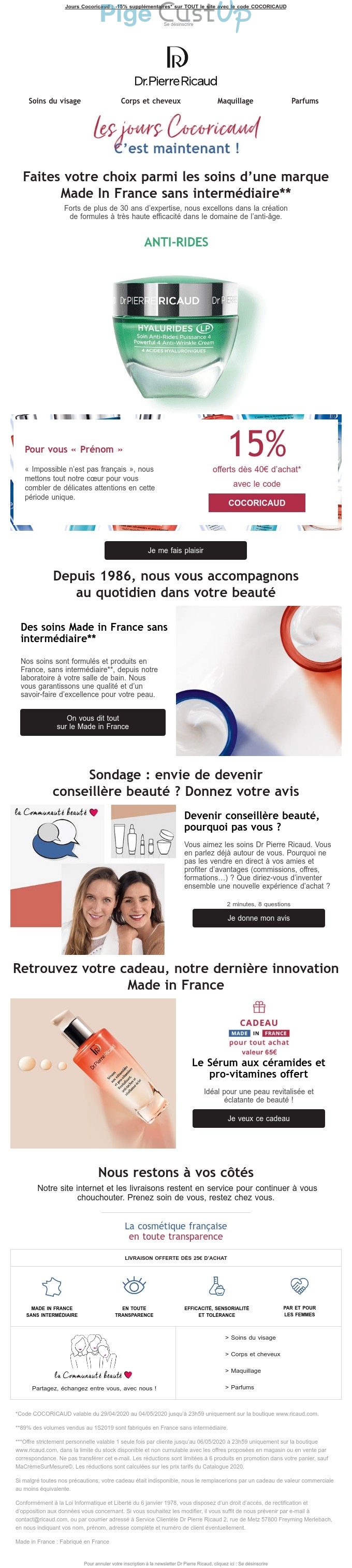 Exemple de Type de media  e-mailing - Dr Pierre Ricaud - Marketing marque - Communication Produits - Nouveaux produits - Marketing Acquisition - Gratuit - Cadeau - Ventes flash, soldes, demarque, promo, réduction - Marketing fidélisation - Incitation au réachat