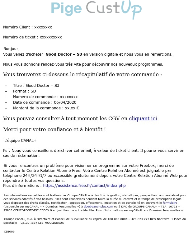 Exemple de Type de media  e-mailing - Canal + - Transactionnels - Confirmation de commande