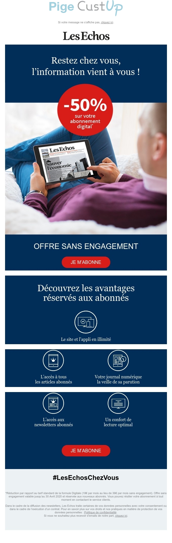 Exemple de Type de media  e-mailing - Les Echos - Marketing Acquisition - Acquisition abonnements - Ventes flash, soldes, demarque, promo, réduction - Marketing marque - Communication Produits - Nouveaux produits - Communication Services - Nouveaux Services