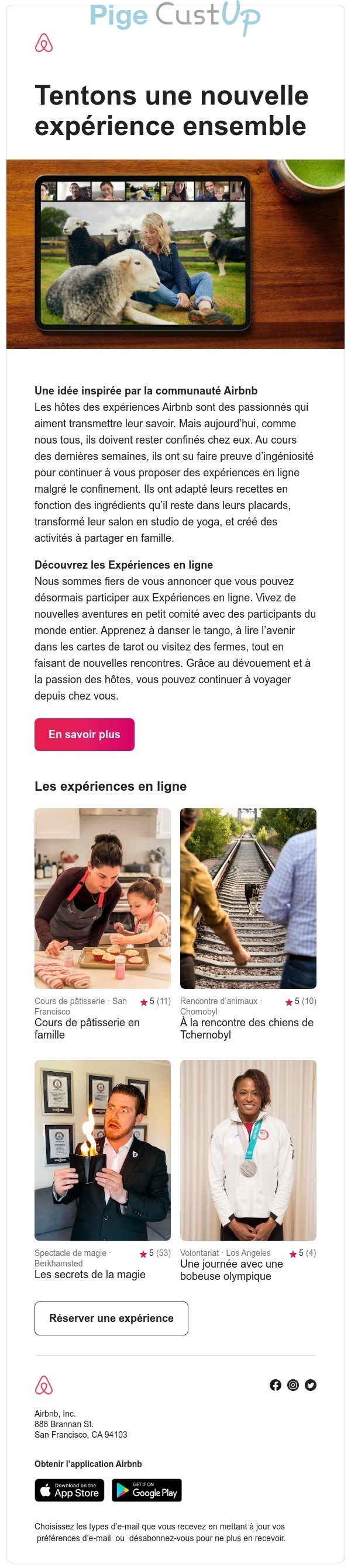 Exemple de Type de media  e-mailing - Airbnb - Marketing marque - Communication Produits - Nouveaux produits - Communication Services - Nouveaux Services - Marketing fidélisation - Incitation au réachat