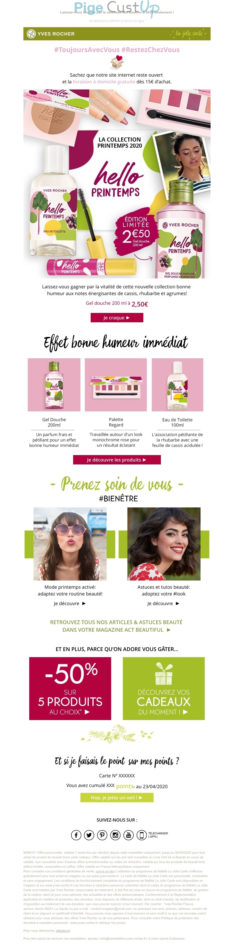 Exemple de Type de media  e-mailing - Yves Rocher - Marketing marque - Communication Produits - Nouveaux produits - Marketing Acquisition - Ventes flash, soldes, demarque, promo, réduction - Marketing fidélisation - Points et statut - Marketing relationnel - Newsletter