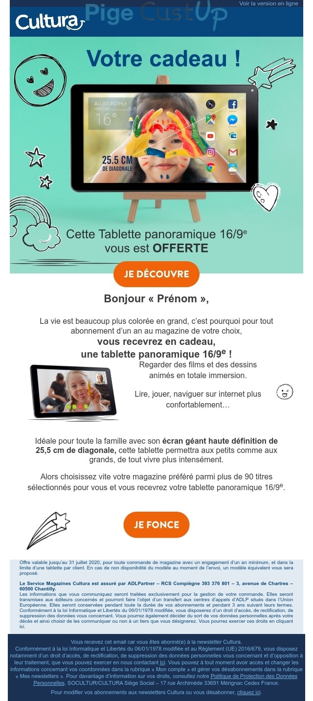 Exemple de Type de media  e-mailing - Cultura - Marketing Acquisition - Acquisition abonnements - Gratuit - Cadeau