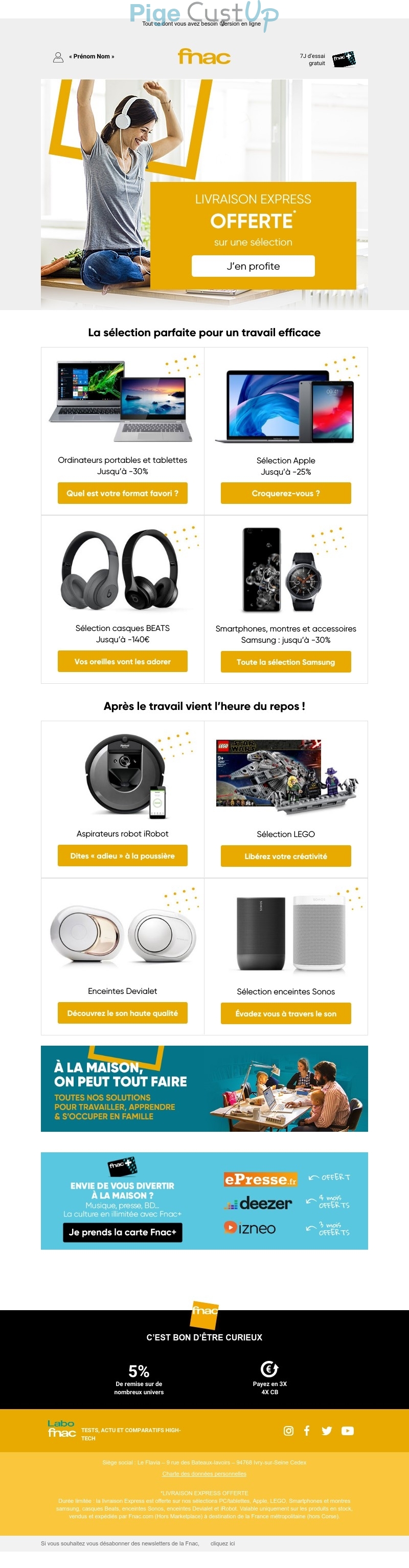 Exemple de Type de media  e-mailing - Fnac - Marketing marque - Communication Produits - Nouveaux produits - Marketing Acquisition - Ventes flash, soldes, demarque, promo, réduction