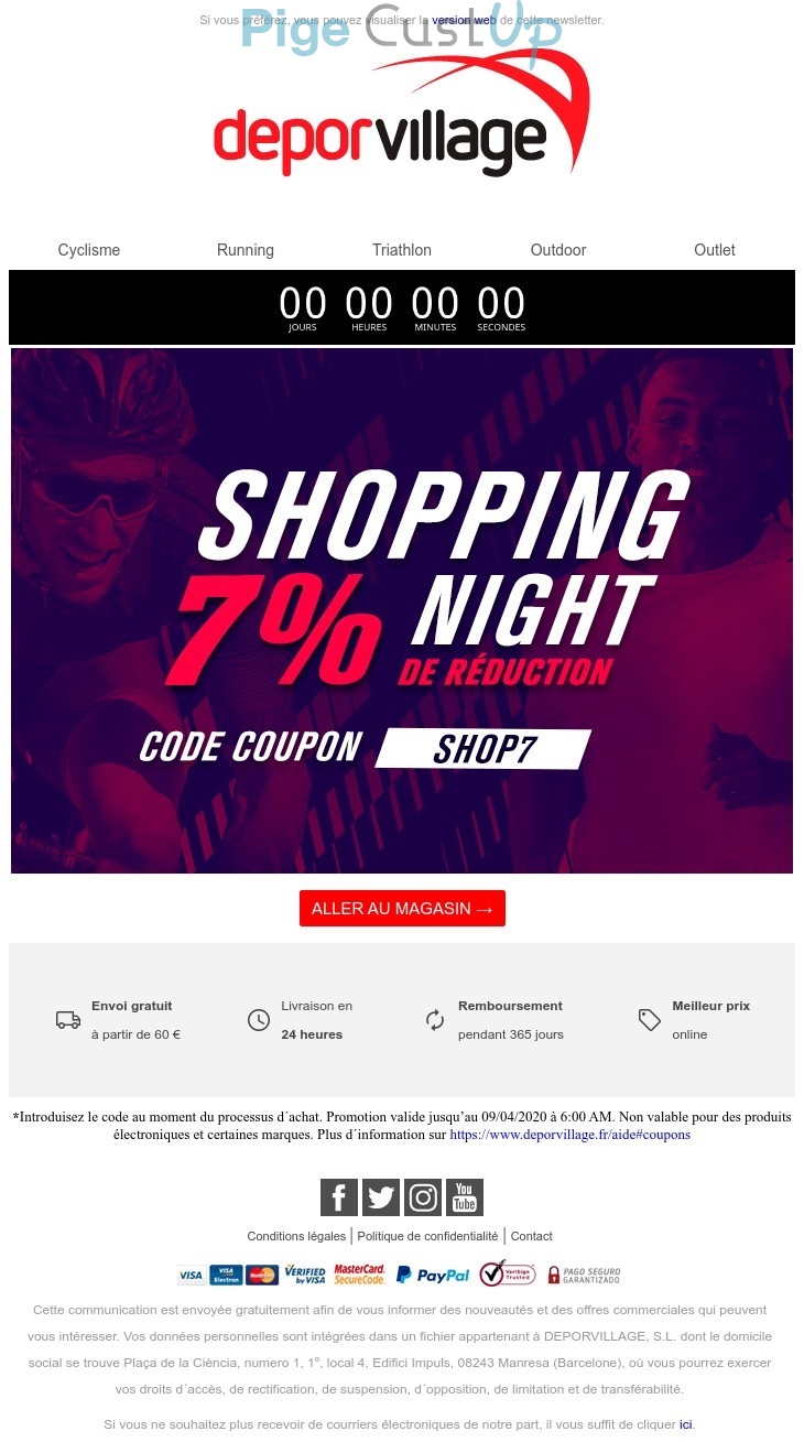 Exemple de Type de media  e-mailing - Deporvillage - Marketing Acquisition - Derniers jours - Ventes flash, soldes, demarque, promo, réduction - Marketing fidélisation - Incitation au réachat