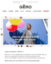 e-mailing - Marketing fidélisation - Animation / Vie du Programme de Fidélité - Incitation au réachat - Marketing relationnel - Anniversaire / Fête contact - Marketing marque - Institutionnel - Marketing Acquisition - Ventes flash, soldes, demarque, promo, réduction - Gémo - 04/2020