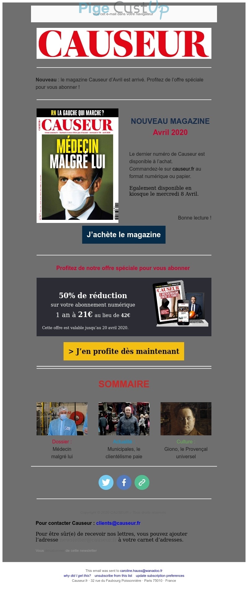 Exemple de Type de media  e-mailing - Causeur - Marketing Acquisition - Ventes flash, soldes, demarque, promo, réduction