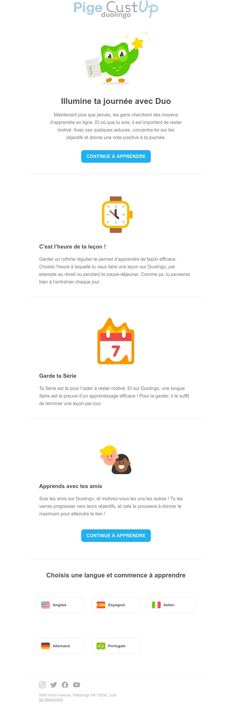 Exemple de Type de media  e-mailing - Duolingo - Marketing marque - Communication Services - Nouveaux Services - Marketing relationnel - Newsletter