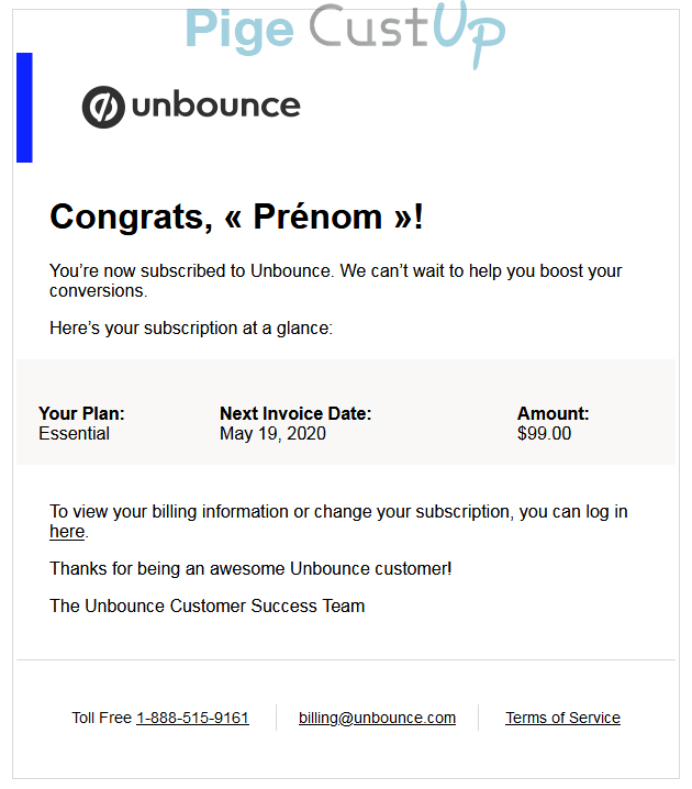 Exemple de Type de media  e-mailing - Unbounce - Transactionnels - Confirmation abonnement