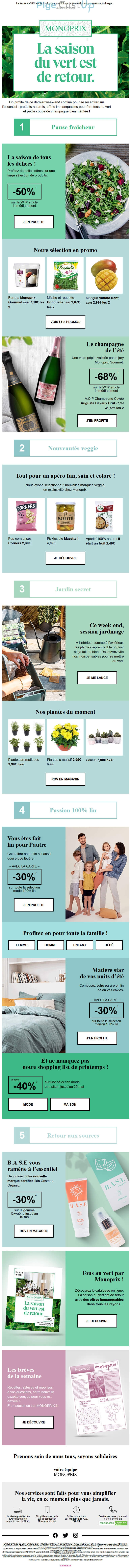 Exemple de Type de media  e-mailing - Monoprix - Marketing marque - Communication Produits - Nouveaux produits - Marketing fidélisation - Incitation au réachat - Marketing Acquisition - Ventes flash, soldes, demarque, promo, réduction