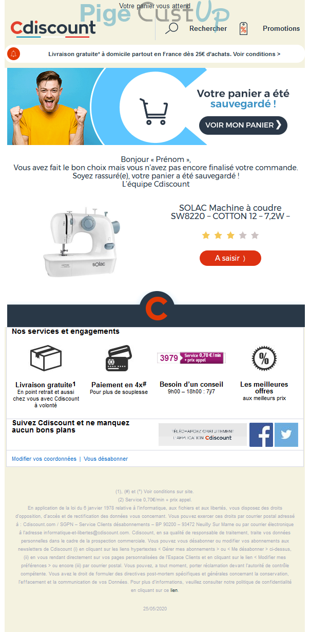 Exemple de Type de media  e-mailing - Cdiscount - Marketing Acquisition - Panier abandonné