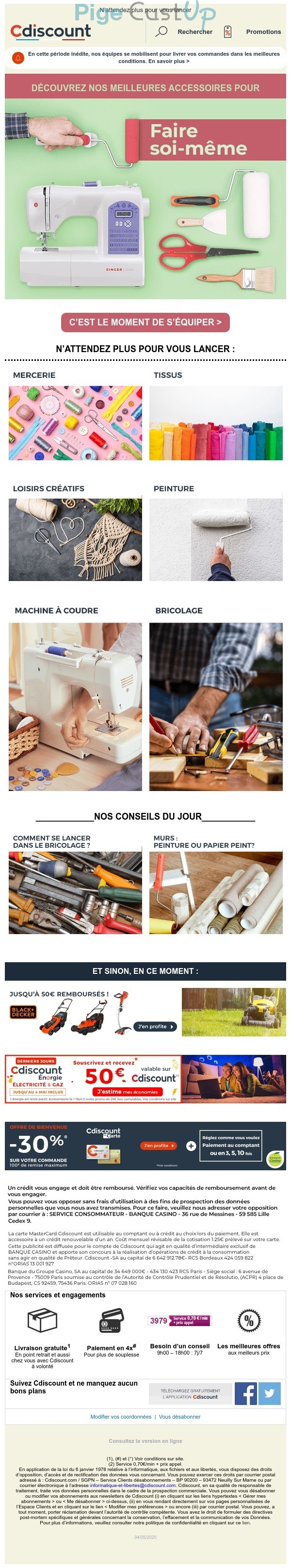 Exemple de Type de media  e-mailing - Cdiscount - Marketing marque - Communication Produits - Nouveaux produits - Marketing fidélisation - Incitation au réachat - Marketing Acquisition - Ventes flash, soldes, demarque, promo, réduction - Marketing relationnel - Newsletter