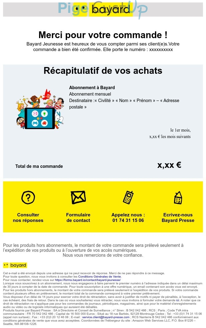 Exemple de Type de media  e-mailing - Bayard - Transactionnels - Confirmation de commande