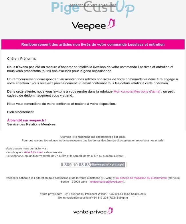 Exemple de Type de media  e-mailing - Veepee - Transactionnels - Remboursements