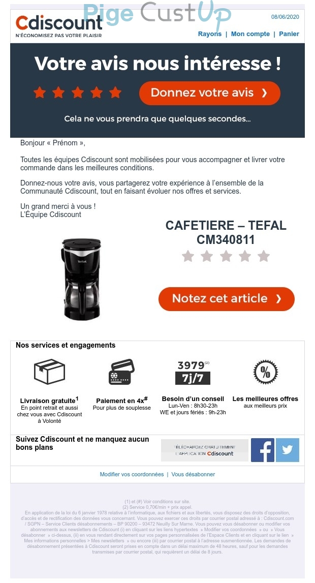 Exemple de Type de media  e-mailing - Cdiscount - Enquêtes Clients - Consultation client - NPS / Avis clients