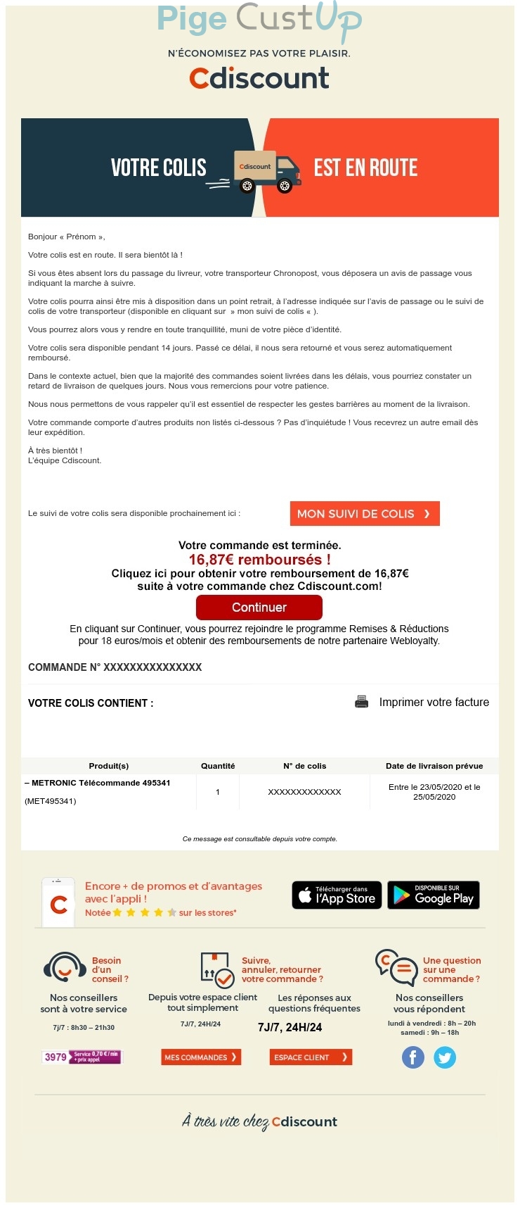 Exemple de Type de media  e-mailing - Cdiscount - Transactionnels - Suivi de commande Expédition / Livraison