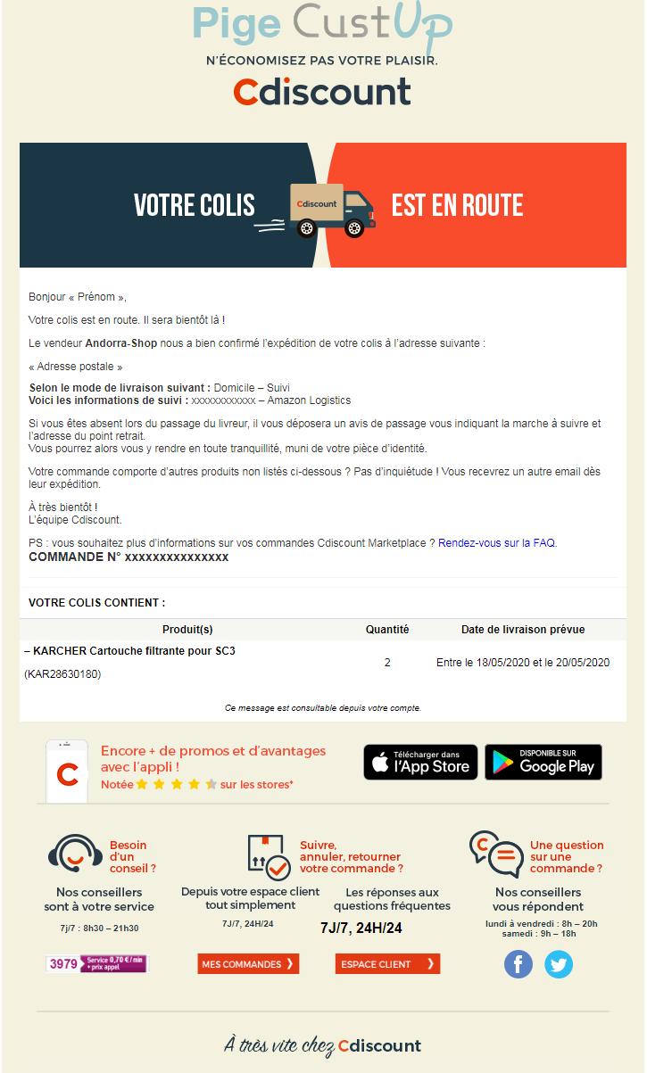 Exemple de Type de media  e-mailing - Cdiscount - Transactionnels - Suivi de commande Expédition / Livraison