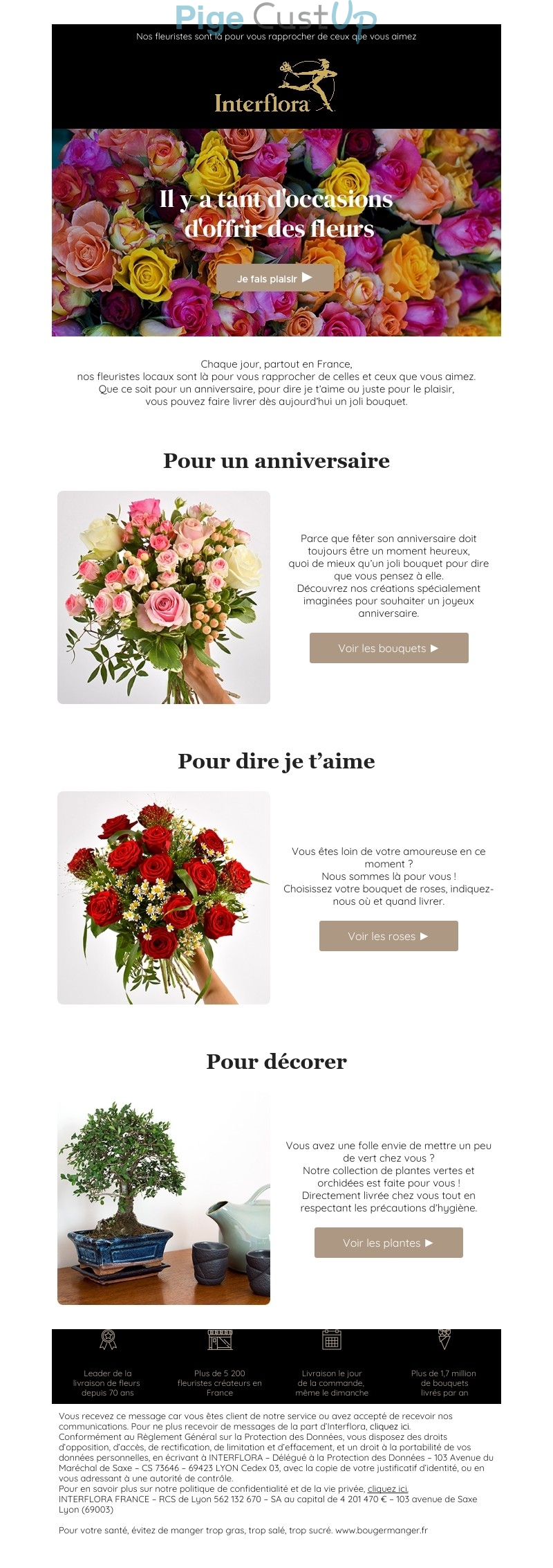 Exemple de Type de media  e-mailing - Interflora - Marketing Acquisition - Acquisition sans promotion - Marketing marque - Communication Produits - Nouveaux produits - Communication Services - Nouveaux Services