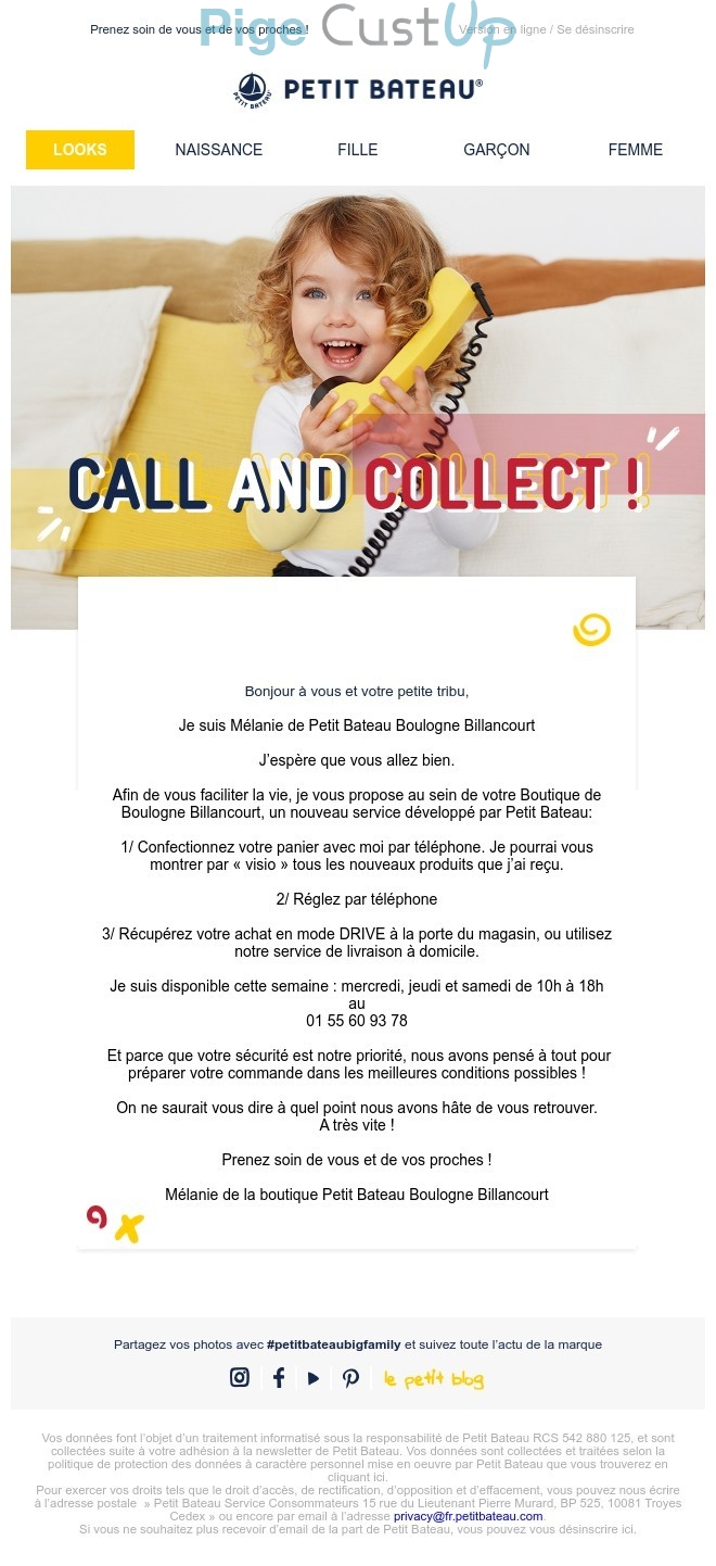 Exemple de Type de media  e-mailing - Petit Bateau - Marketing marque - Communication Services - Nouveaux Services - Marketing fidélisation - Incitation au réachat