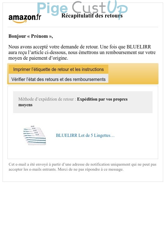 Exemple de Type de media  e-mailing - Amazon - Transactionnels - Retours