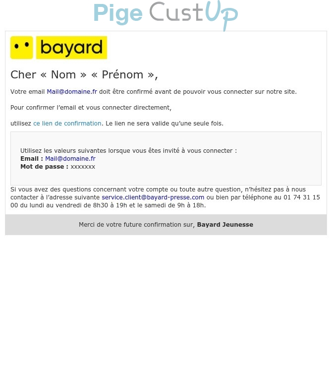 Exemple de Type de media  e-mailing - Bayard - Transactionnels - Finalisation ouverture de compte/inscription