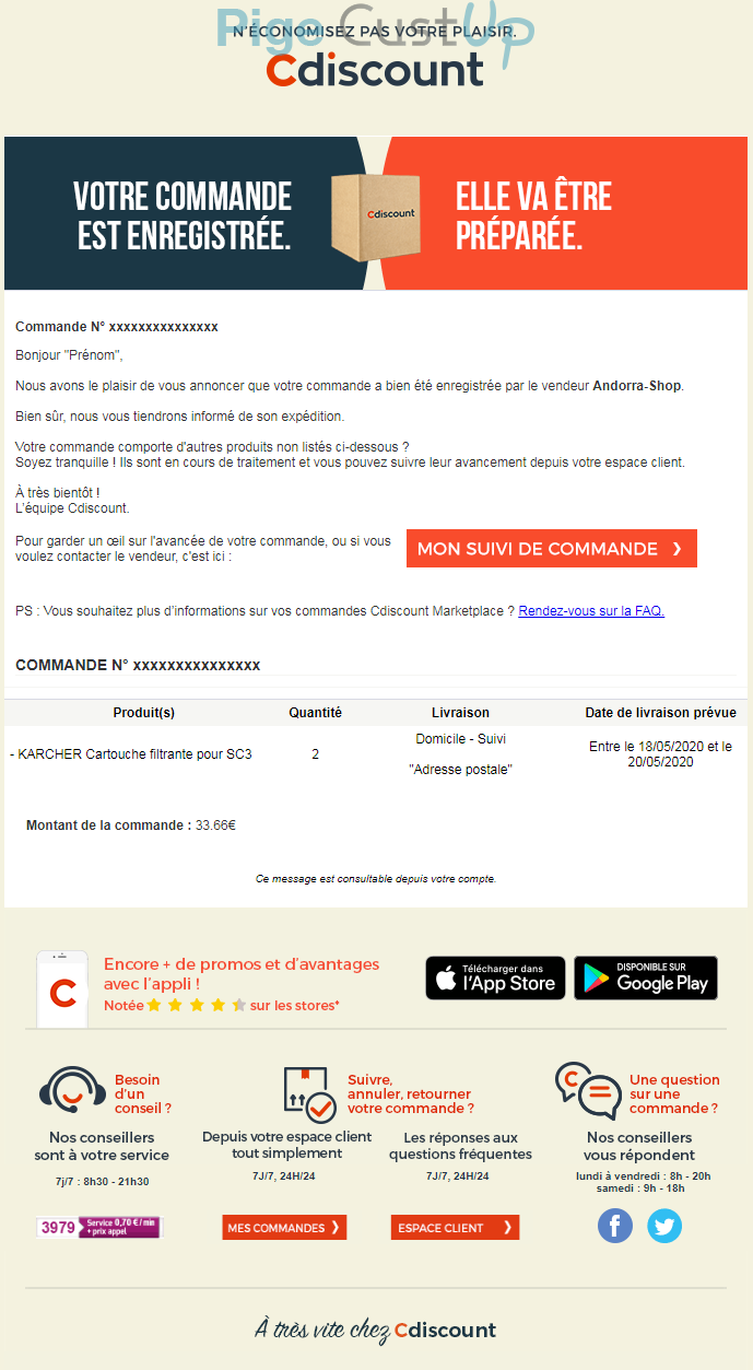 Exemple de Type de media  e-mailing - Cdiscount - Transactionnels - Confirmation de commande