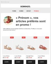 e-mailing - Marketing marque - Communication Produits - Nouveaux produits - Marketing fidélisation - Incitation au réachat - Marketing Acquisition - Ventes flash, soldes, demarque, promo, réduction - Sarenza - 05/2020