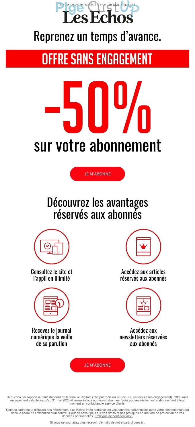 Exemple de Type de media  e-mailing - Les Echos - Marketing Acquisition - Acquisition abonnements - Ventes flash, soldes, demarque, promo, réduction - Marketing marque - Communication Produits - Nouveaux produits